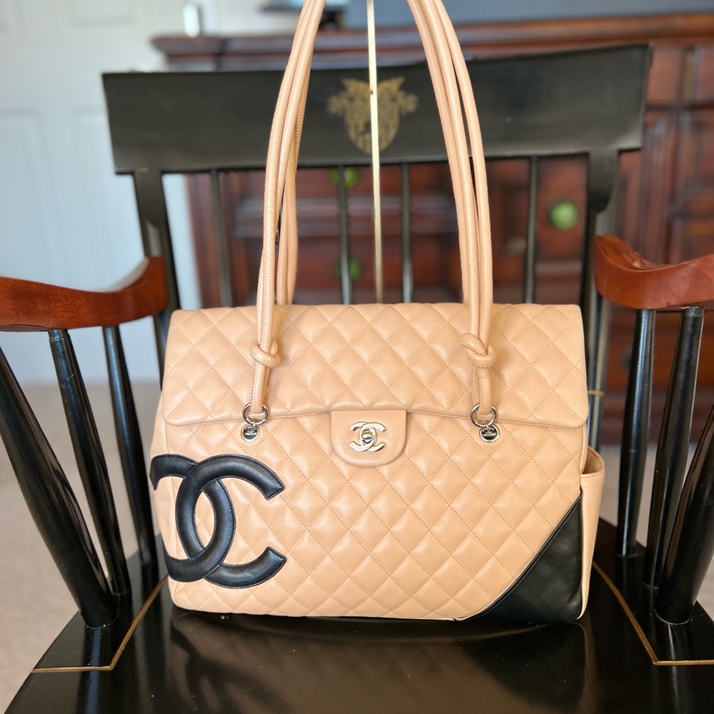 Chanel Cream and Black Quilted Shoulder Bag with Iconic CC Logo
